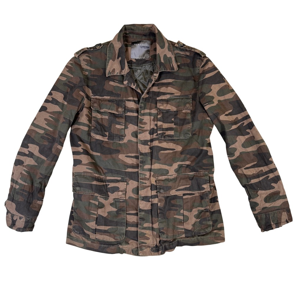 Zara Man Camo Military Field Jacket Mens Large Green Brown Utility M65 Style